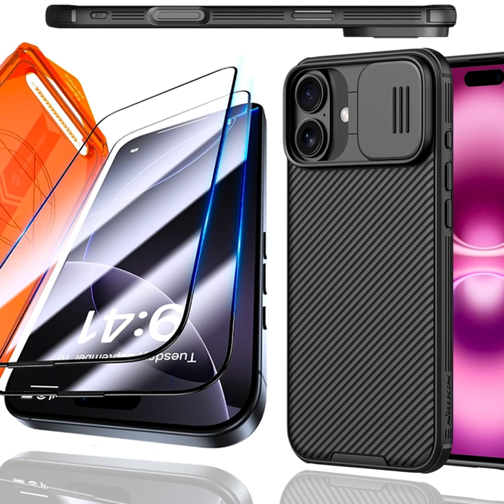 Zestaw Ochronny: Etui Nillkin CamShield Pro + 3x Szkło Hartowane 9H z Aplikatorem do iPhone 16 Zestaw Ochronny: Etui Nillkin CamShield Pro + 3x Szkło Hartowane 9H z Aplikatorem do iPhone 16