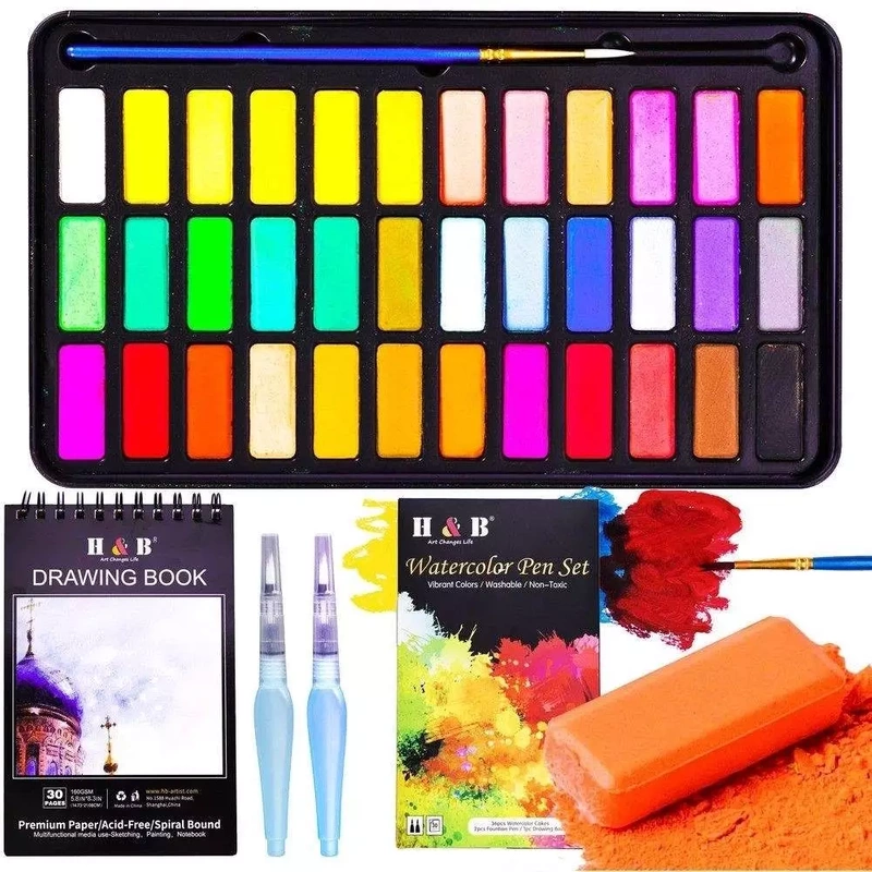 Farby Wodne Akwarelowe Kostki Zestaw H&B 40w1 Pędzle Wodne