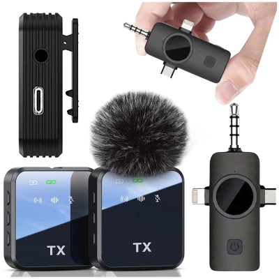 2x Mikrofon Krawatowy Bezprzewodowy Telefonu Aparatu Kamery USB-C Lightning Android IPhone
