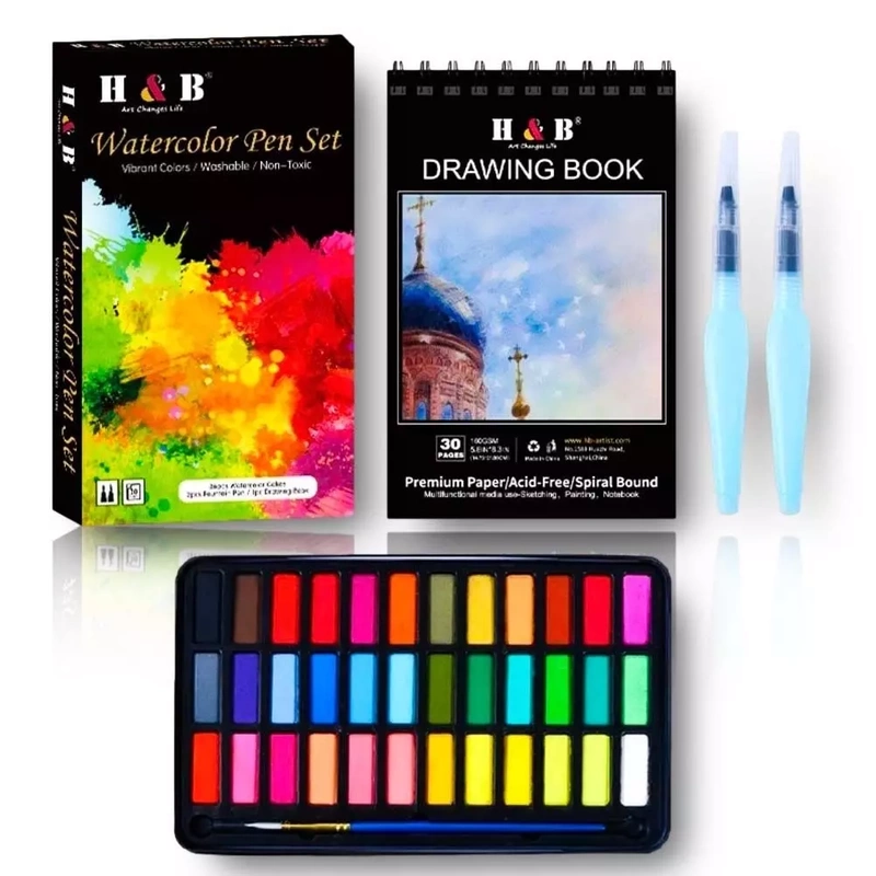 Farby Wodne Akwarelowe Kostki Zestaw H&B 40w1 Pędzle Wodne