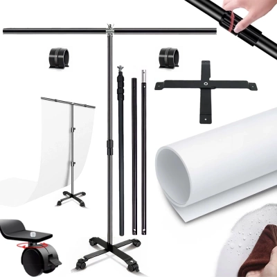 Statyw do teł Typ T 2 x 1,5 m Mobilny + Tło PVC Białe 150x300 cm