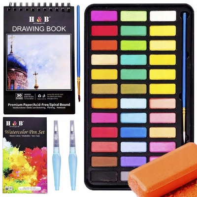 Farby Wodne Akwarelowe Kostki Zestaw H&B 40w1 Pędzle Wodne