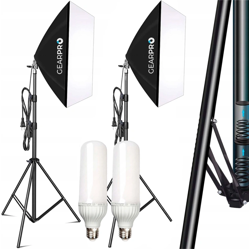 Zestaw Mocne Statywy 2x Softbox + 2x Żarówki 125W