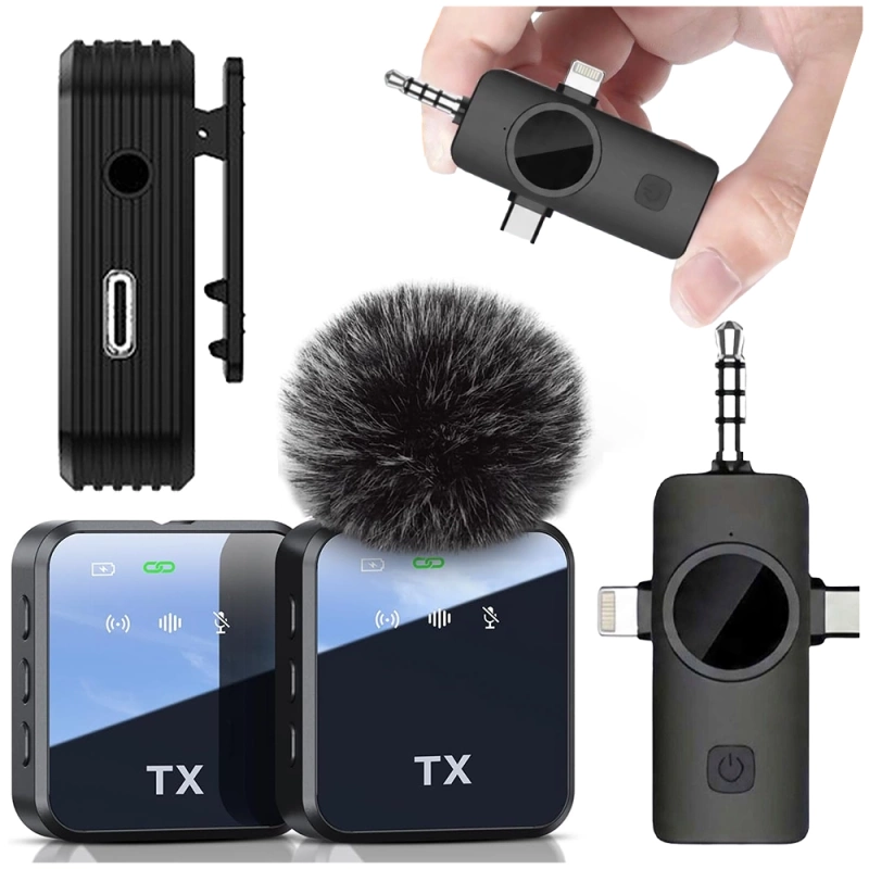 2x Mikrofon Krawatowy Bezprzewodowy Telefonu Aparatu Kamery USB-C Lightning Android IPhone